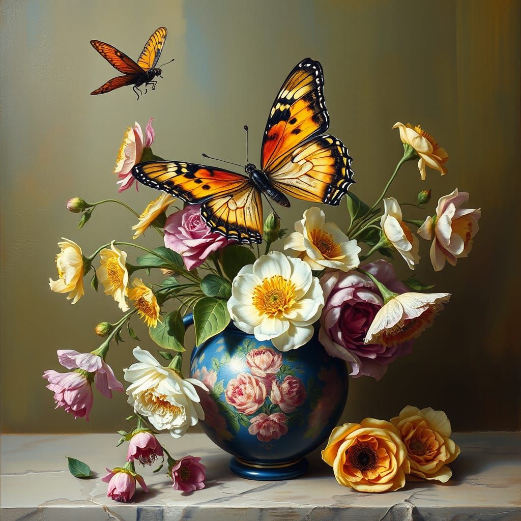 Confused butterfly flying sitting on top of a still life pai...