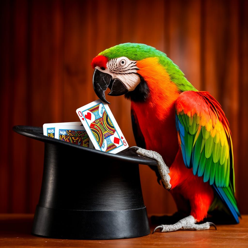 Vibrant Parrot Pulls Shimmering Card from Top Hat