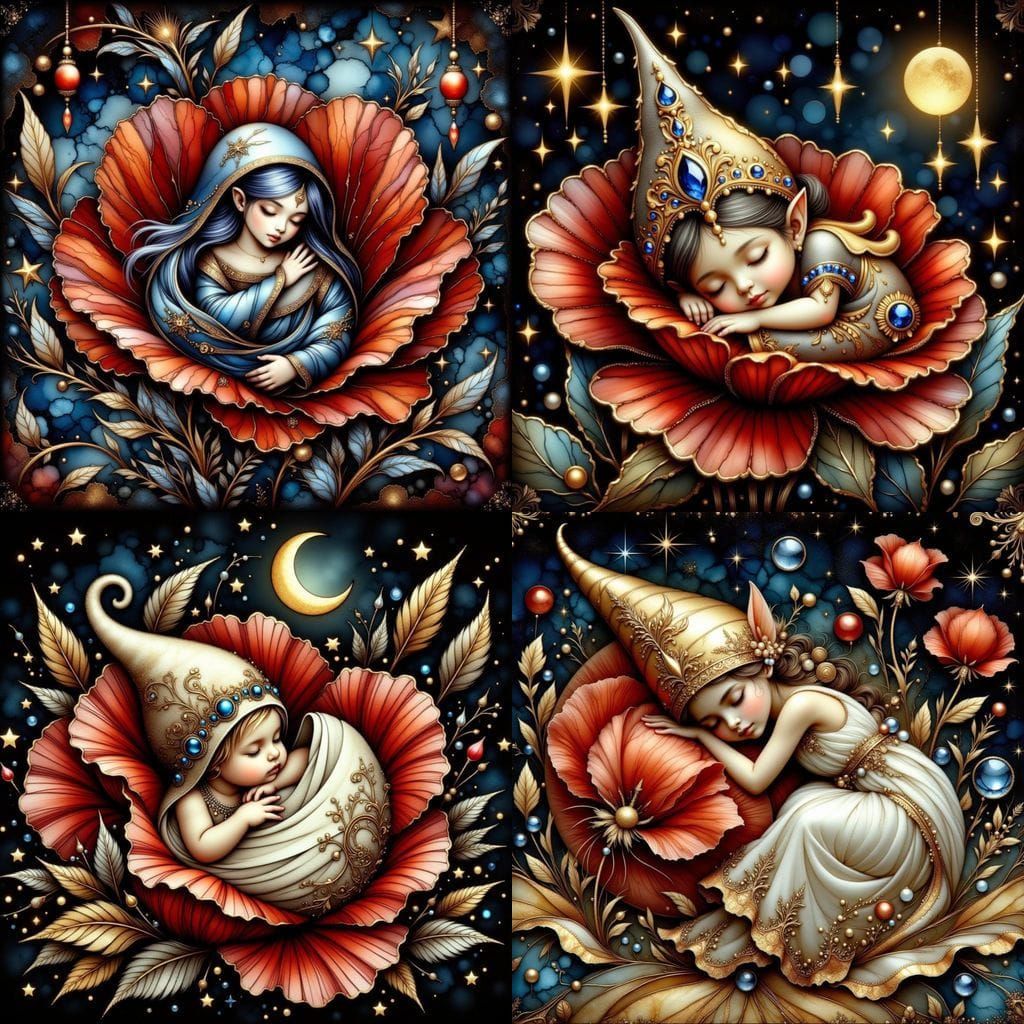 Whimsical Elven Gnome in a Golden Poppy under a Starry Sky