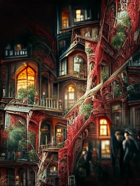 Dystopian Steampunk Treehouse Town at Sunset