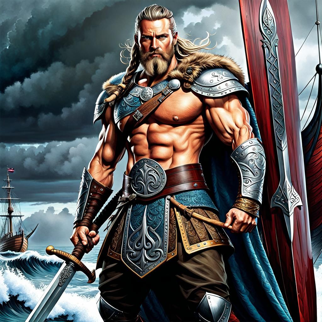 Viking Warrior with Sword on Ship: Pencil Art