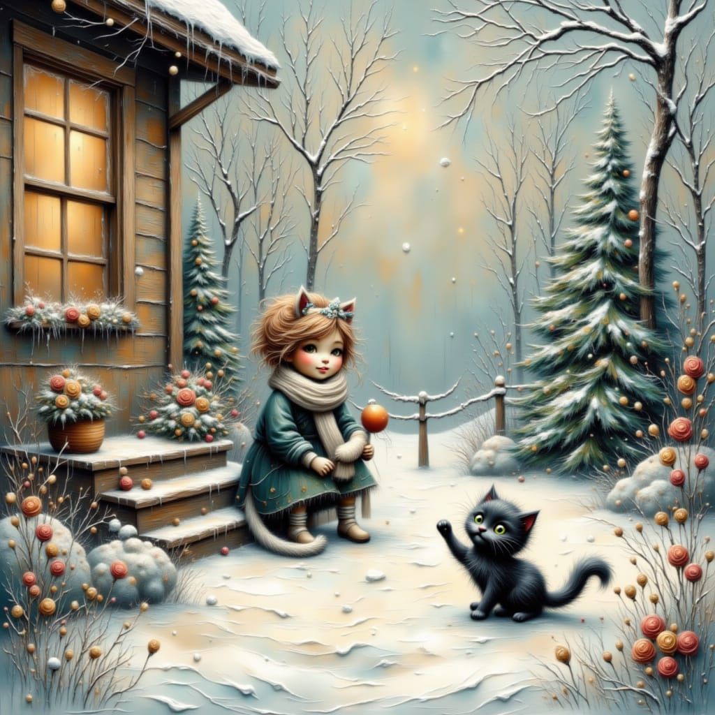 Kittens and Girl Play in Snowy Garden Illustration