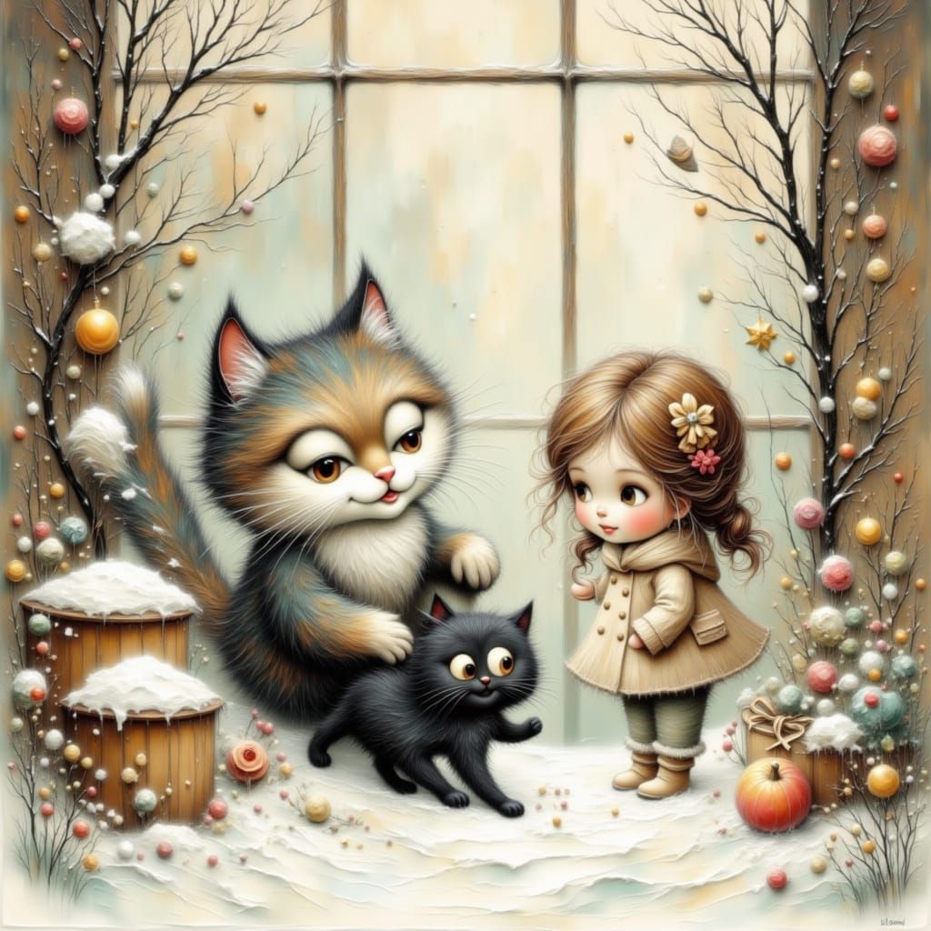 Kittens Play in Snow, Girl Watches Through Window