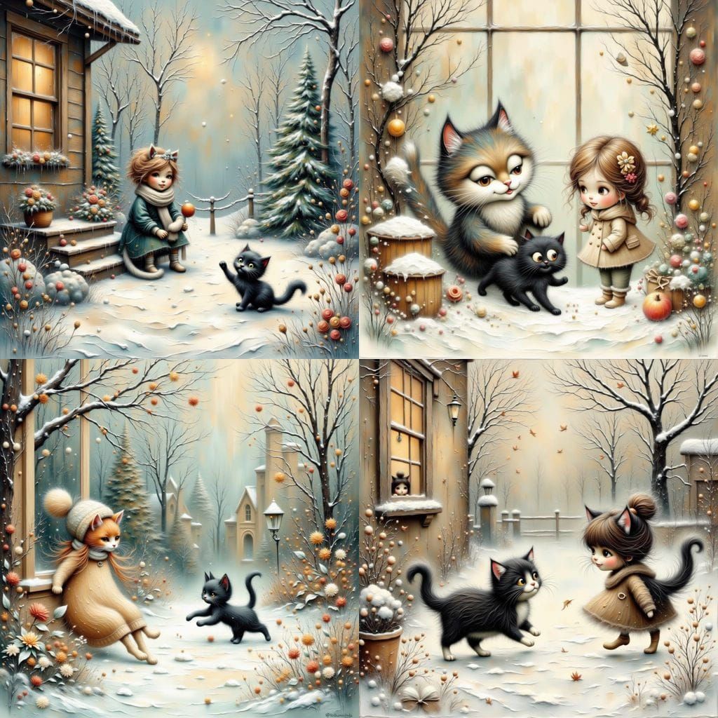 Kittens Play in Snow While Girl Watches