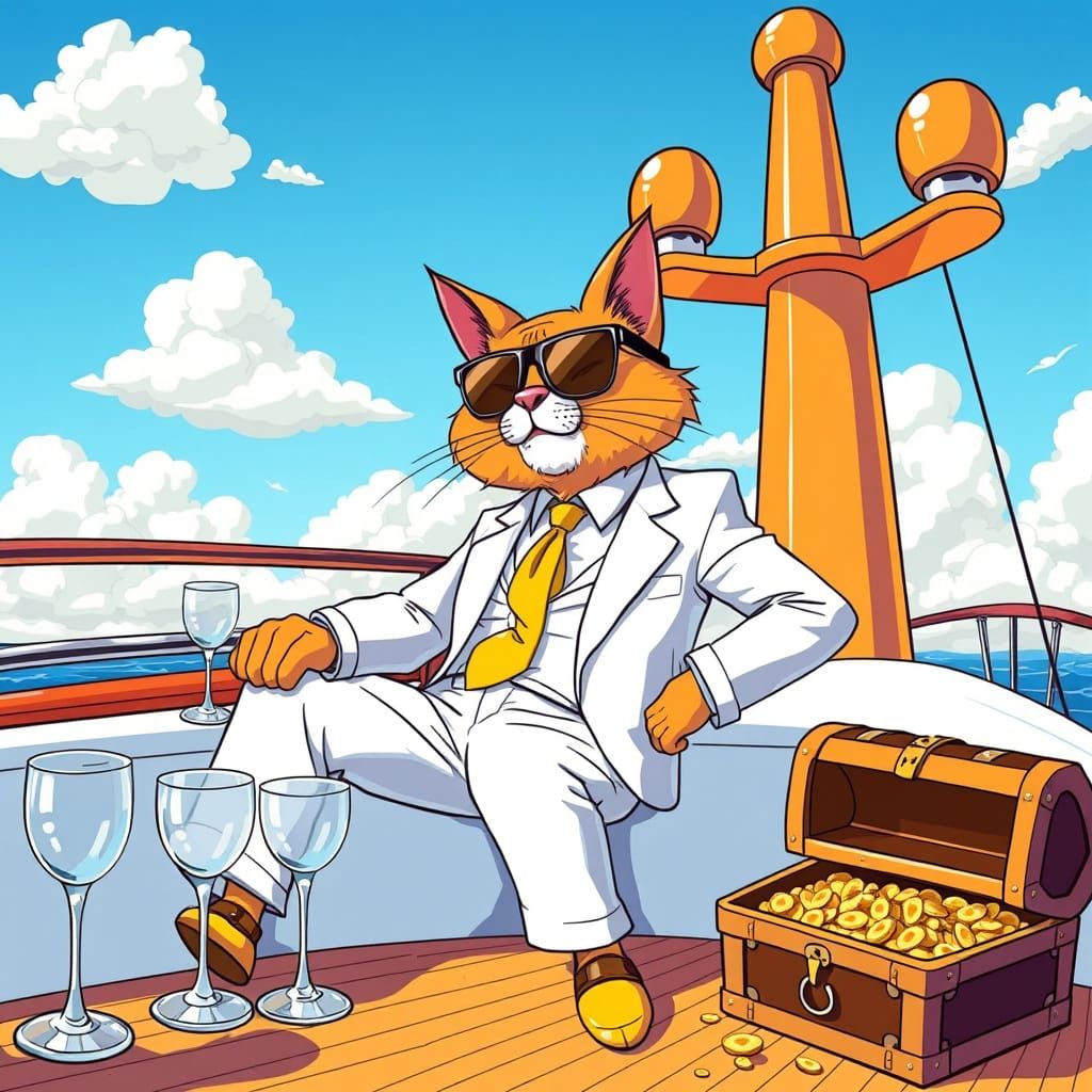 Luxurious Cartoon Tycoon Cat on Yacht
