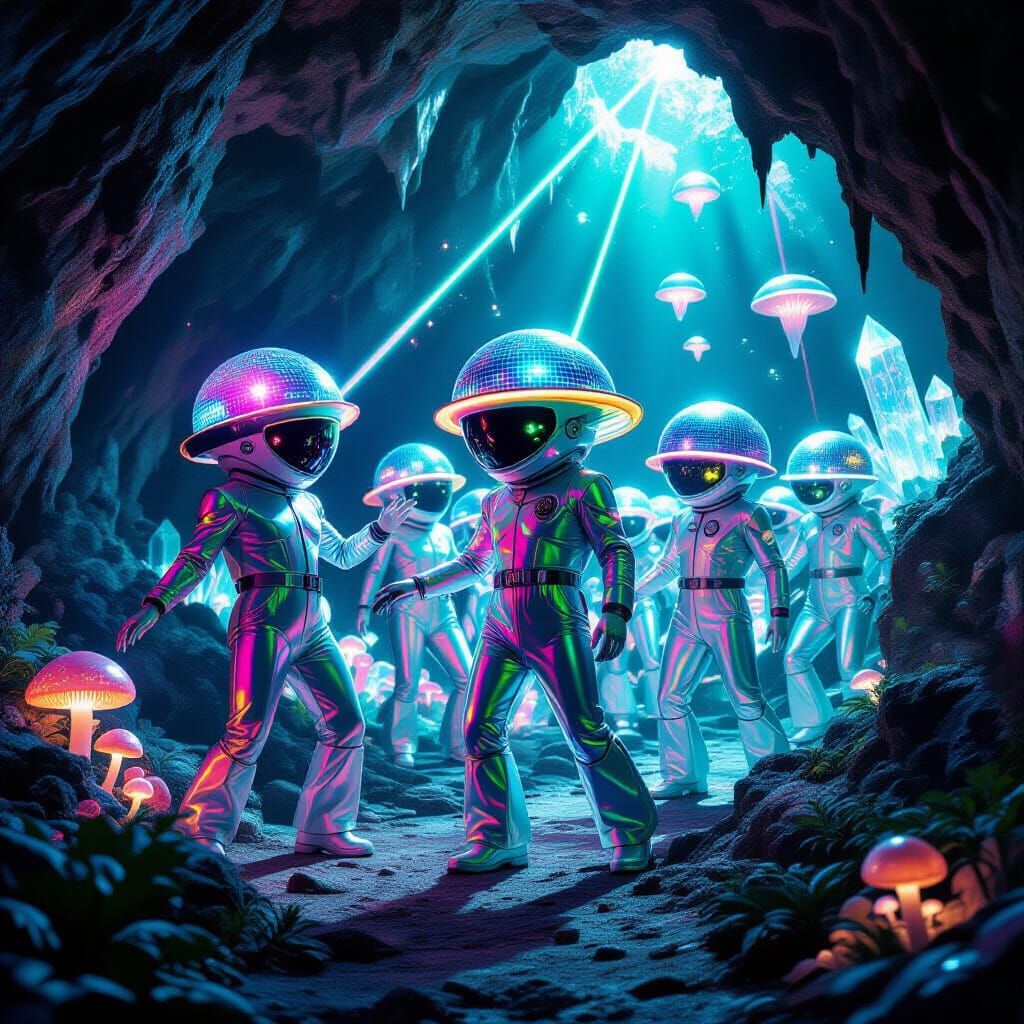 Mushroom Rave in Bioluminescent Cave, Neon Futurism