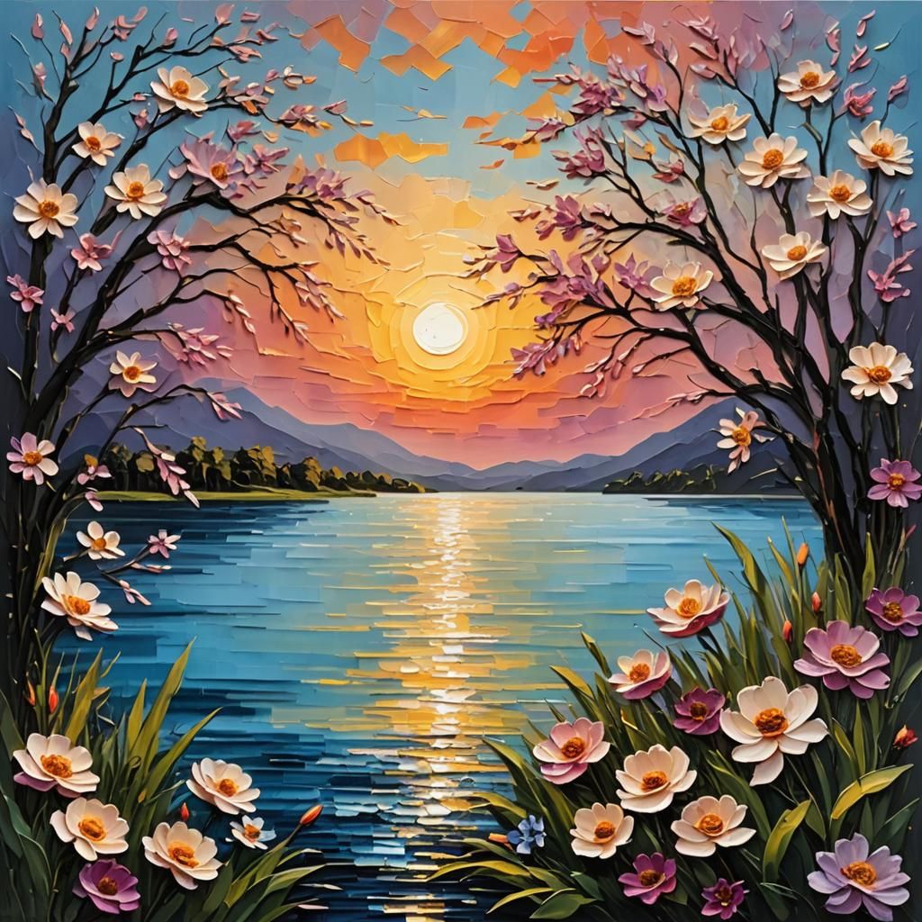 Impasto Sunset Lake with Flowers
