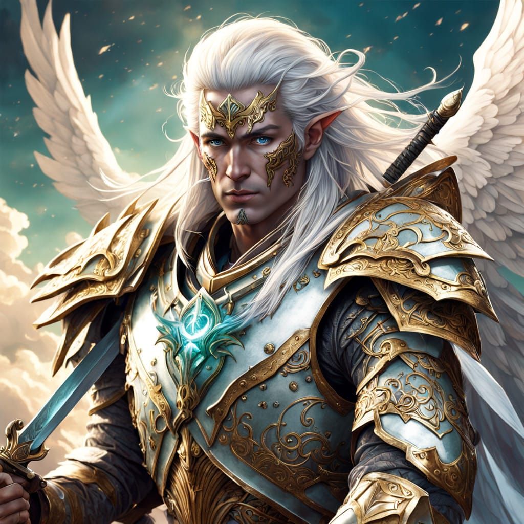 Regal Elven Angel with Twin Longswords in Heavenly Realm