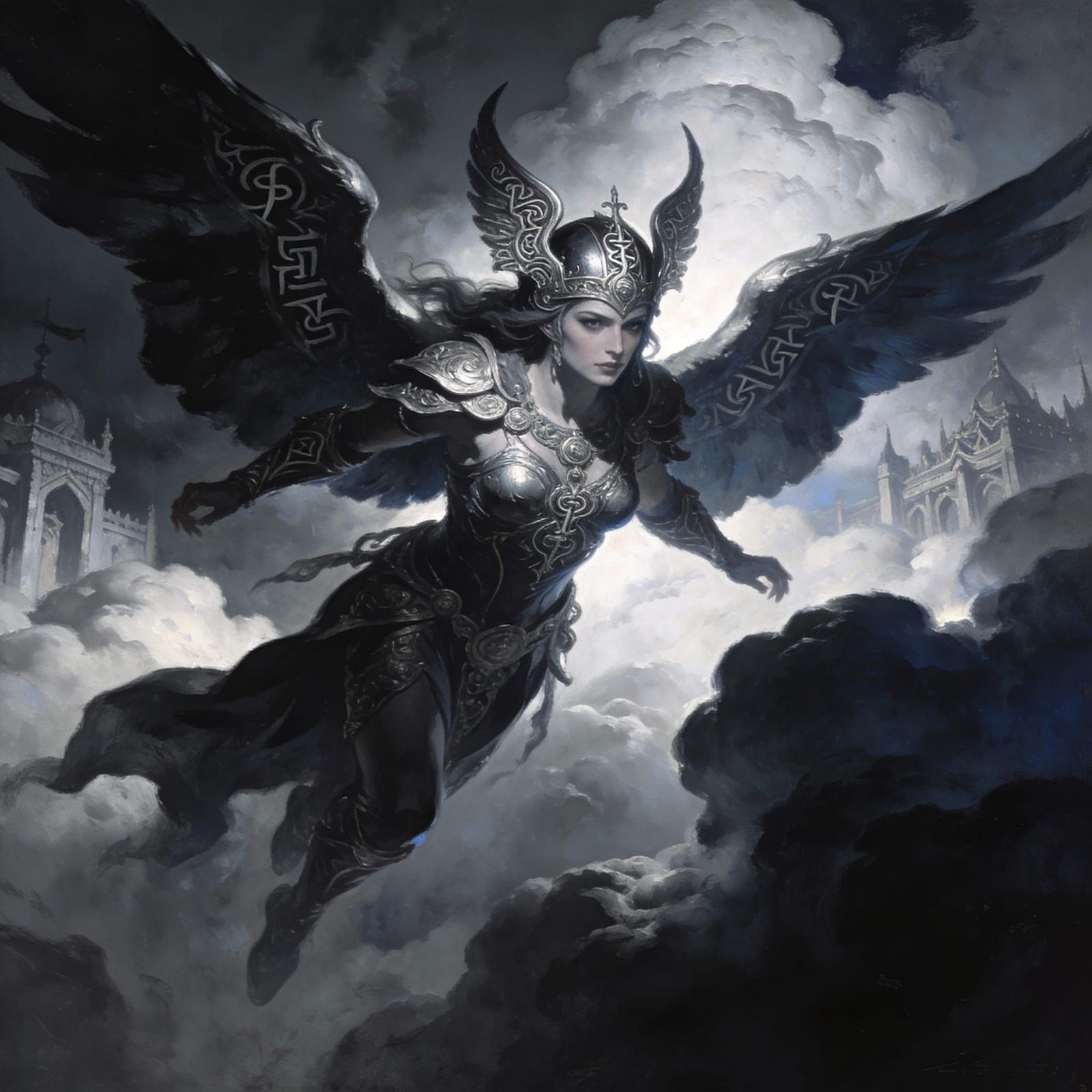 Valkyrie Soars Through Valhalla Skies in Chiaroscuro