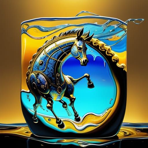 Surreal Transparent Water Horse with Melting Objects
