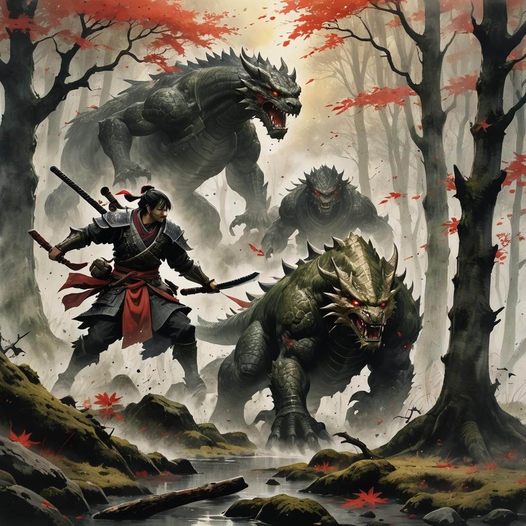 Monster Hunter vs Tobi Kadachi in Ink Wash Style