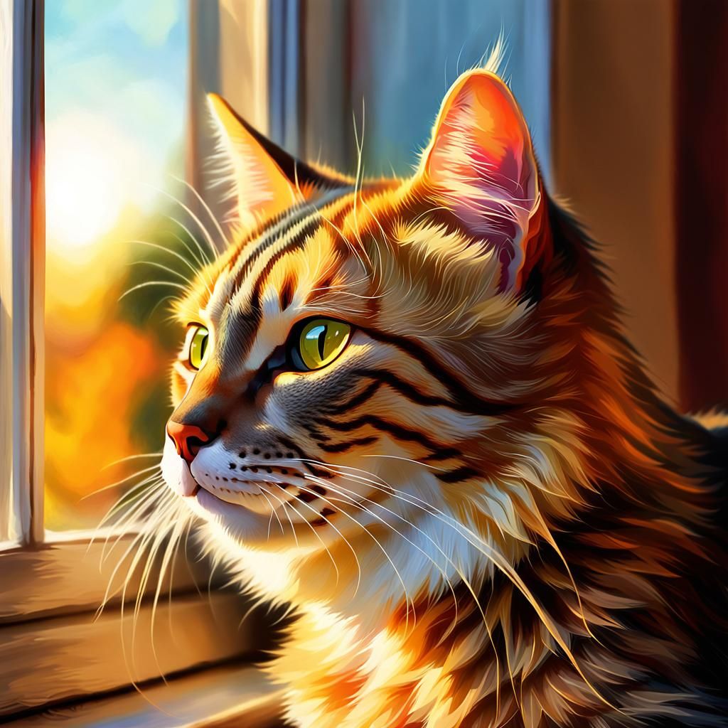 Cat on Windowsill: Digital Oil Painting in Triadic Colors