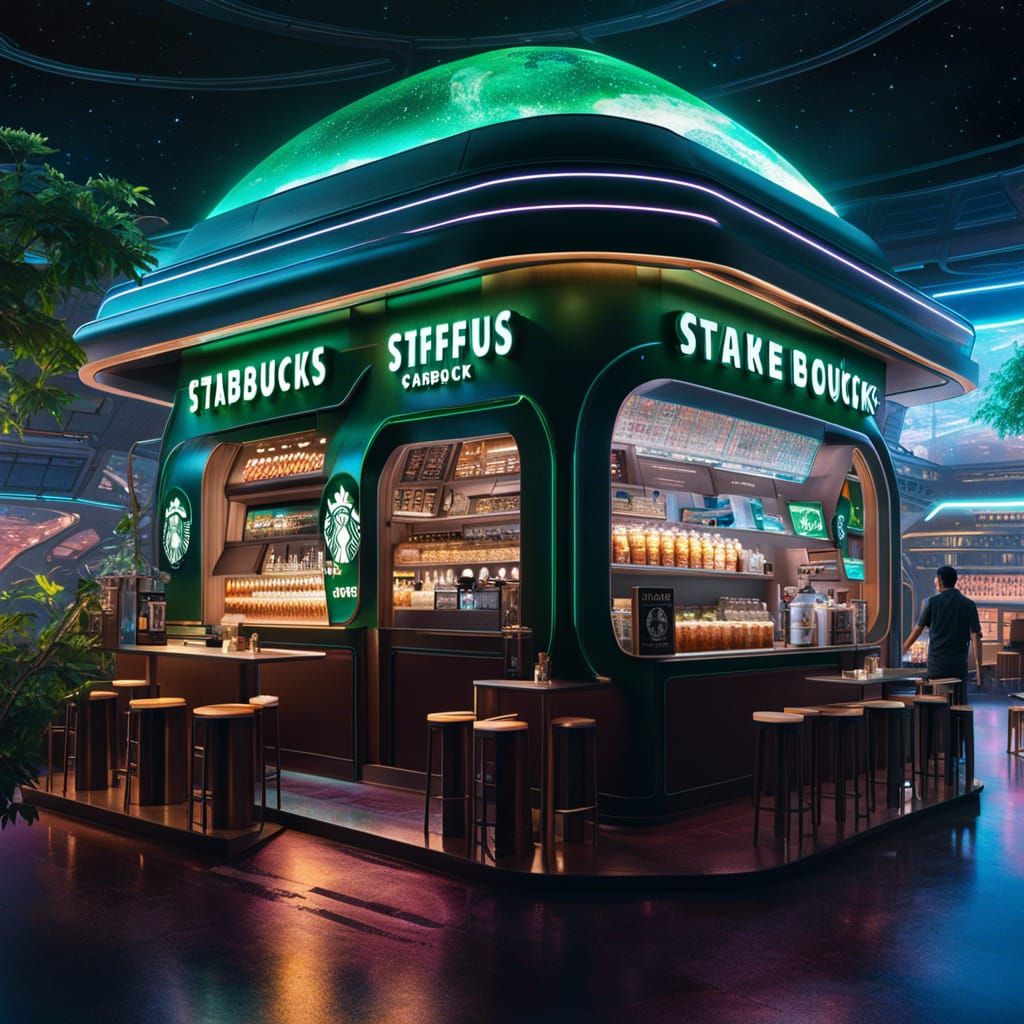 Futuristic Neon Starbucks in Space: Digital Illustration