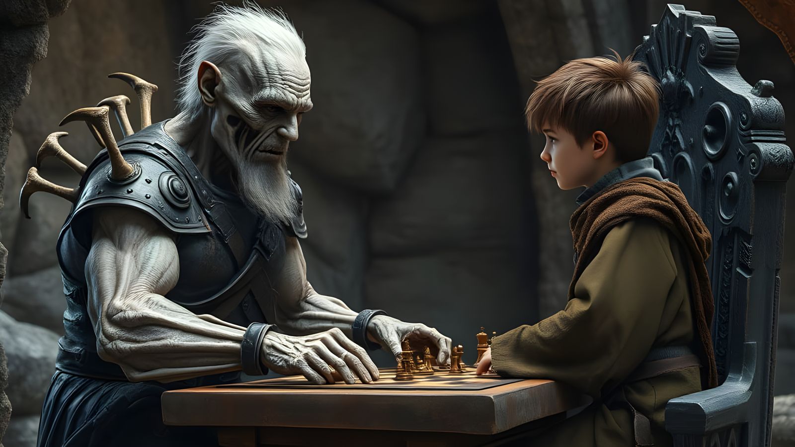 Strong Undead Man Plays Chess with Young Boy in Ancient Cave