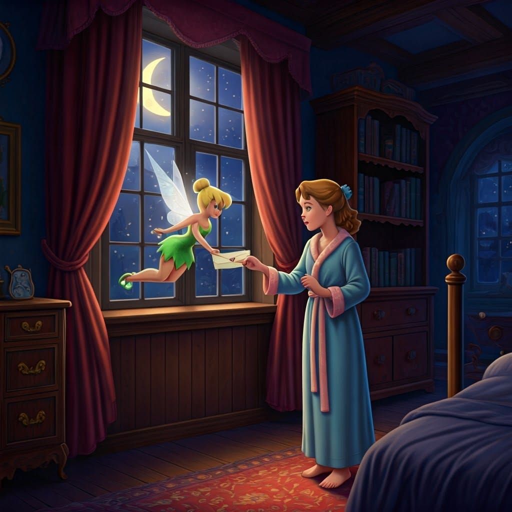 Wendy Hands Tinker Bell a Letter to Peter Pan in a Whimsical...