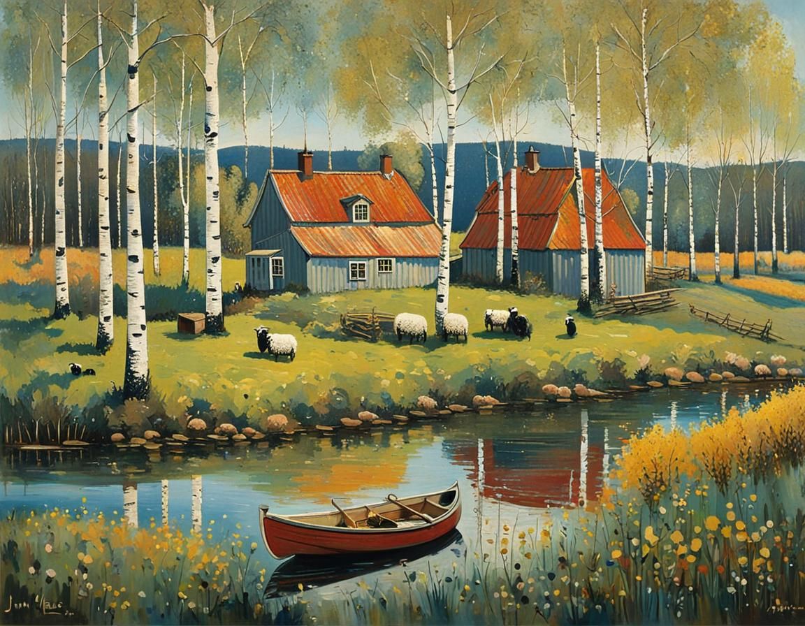 Rustic Swedish Farm Landscape with Sheep and Lake