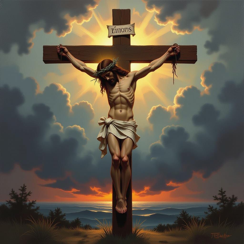 Christ on the Cross Oil Painting with Chiaroscuro Lighting