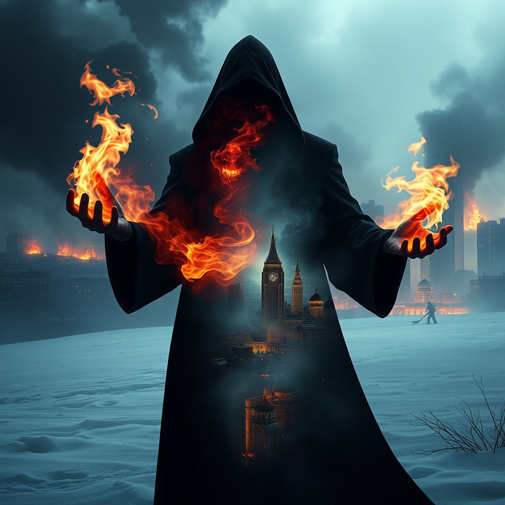 Sinister Silhouette: Burning City Double Exposure in 3D