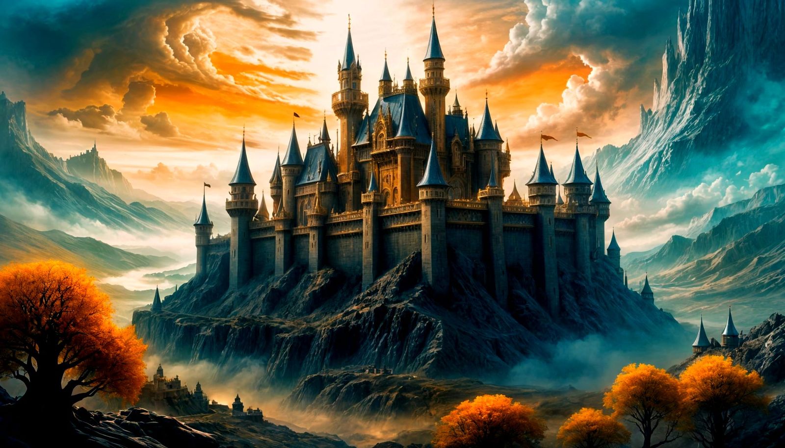Majestic Golden Castle in Winsical Landscape, Photorealistic