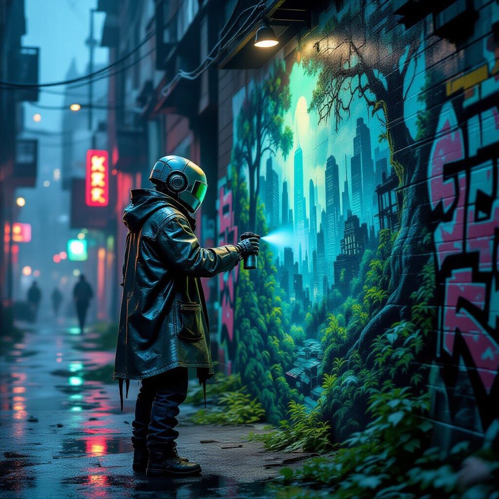 Robot Street Artist Paints Forest Mural in Cyberpunk Alley