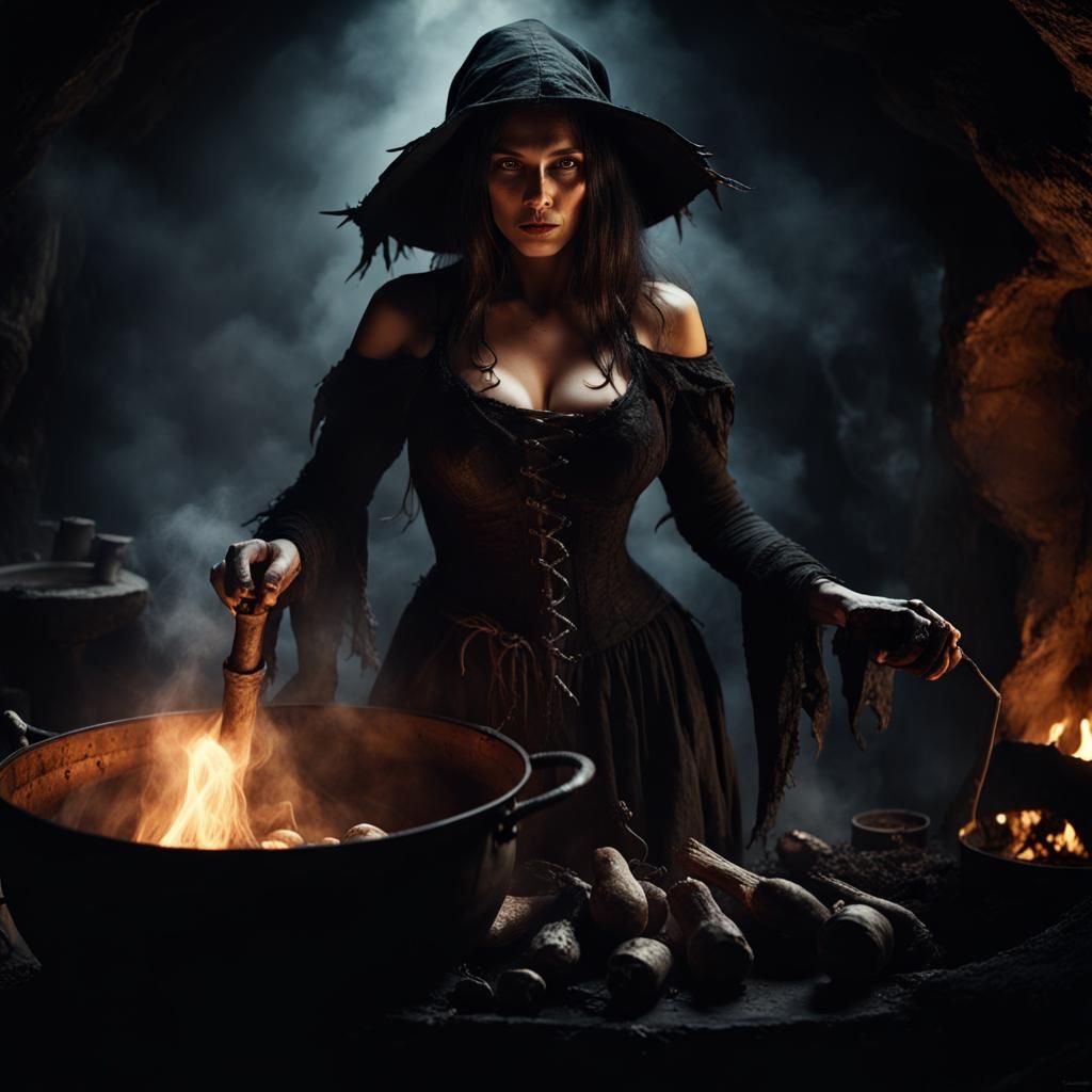 Ominous Witch Brews Potion in Dark Cave