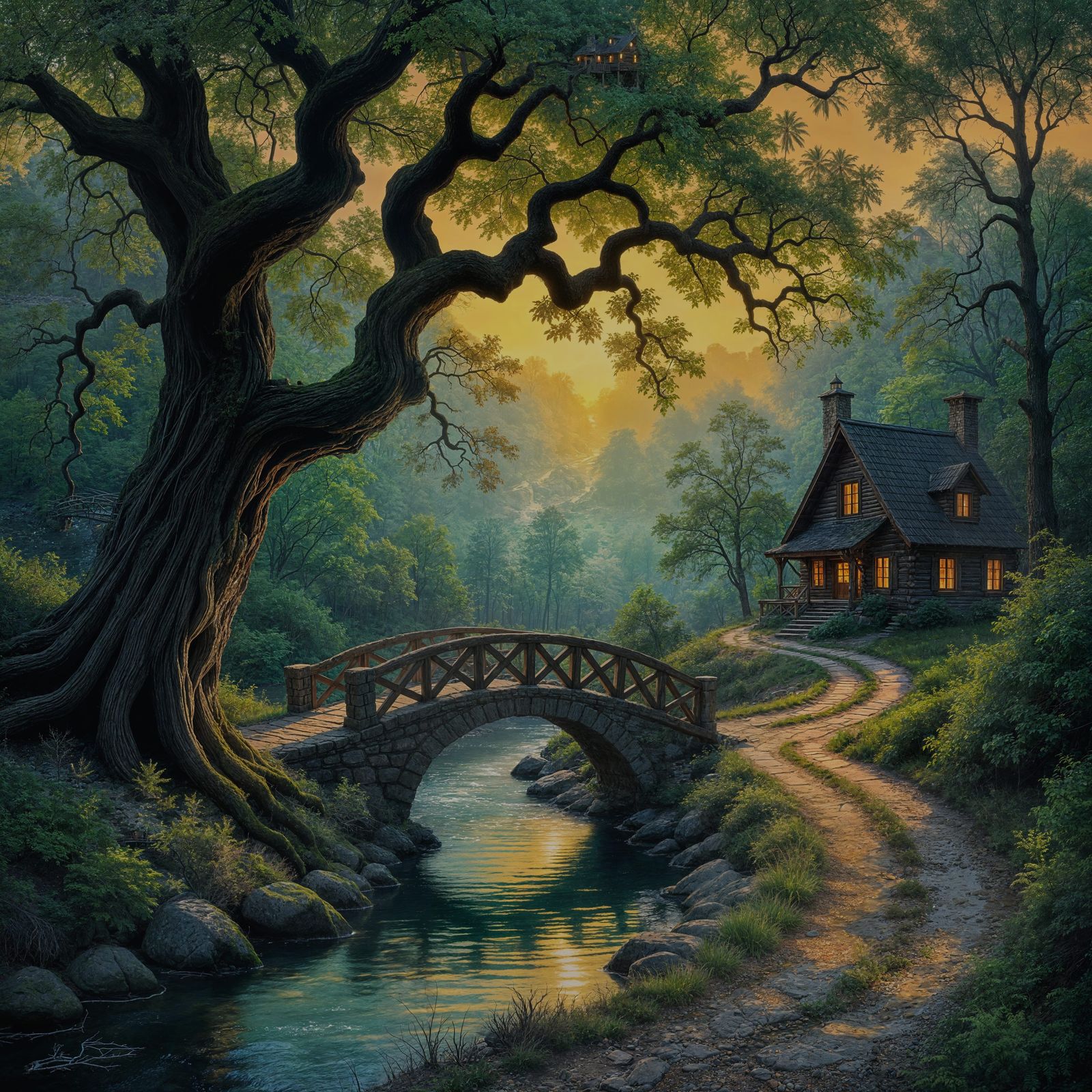 Cabin in Dark Woods with Stone Bridge and Oak Tree