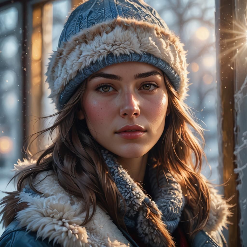 Russian Girl Portrait with Ushanka Hat, Hyperdetailed Art