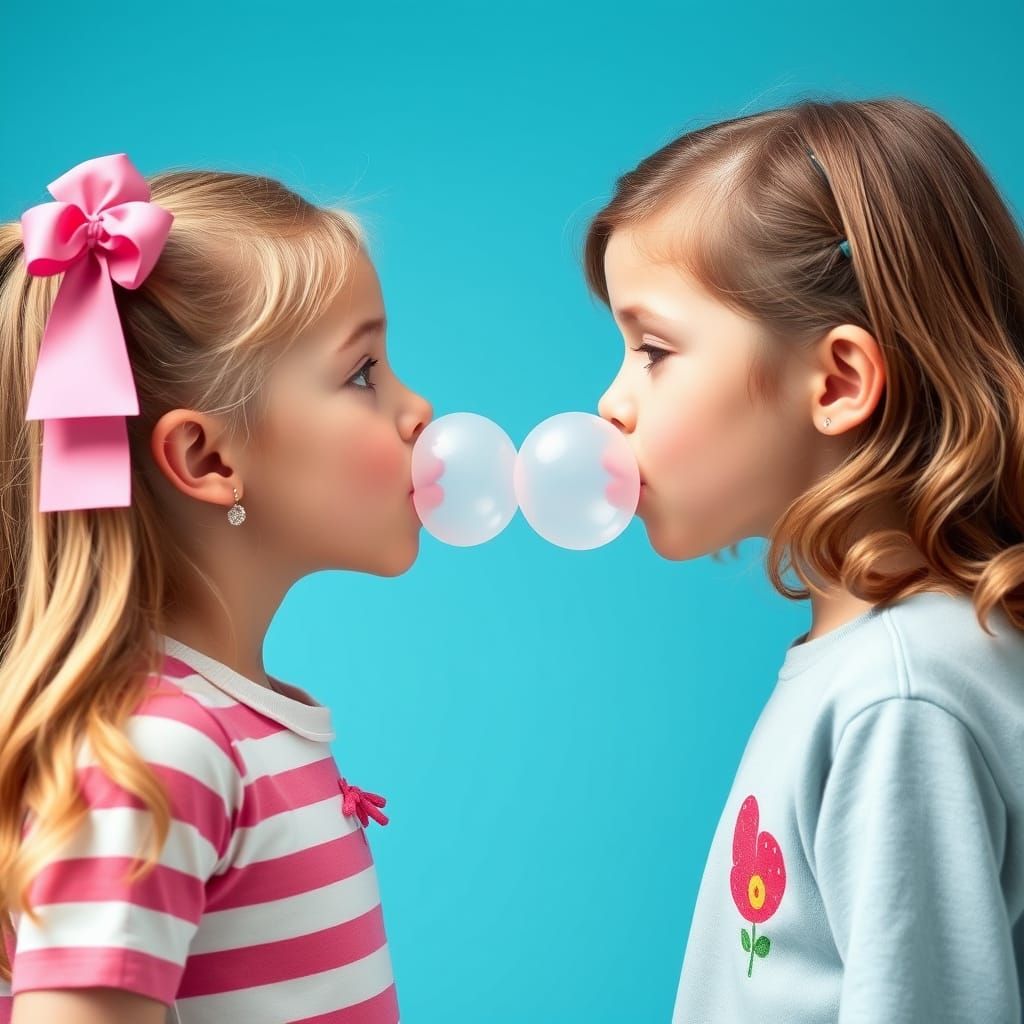 Cute Girls Share Playful Bubble Gum Moment