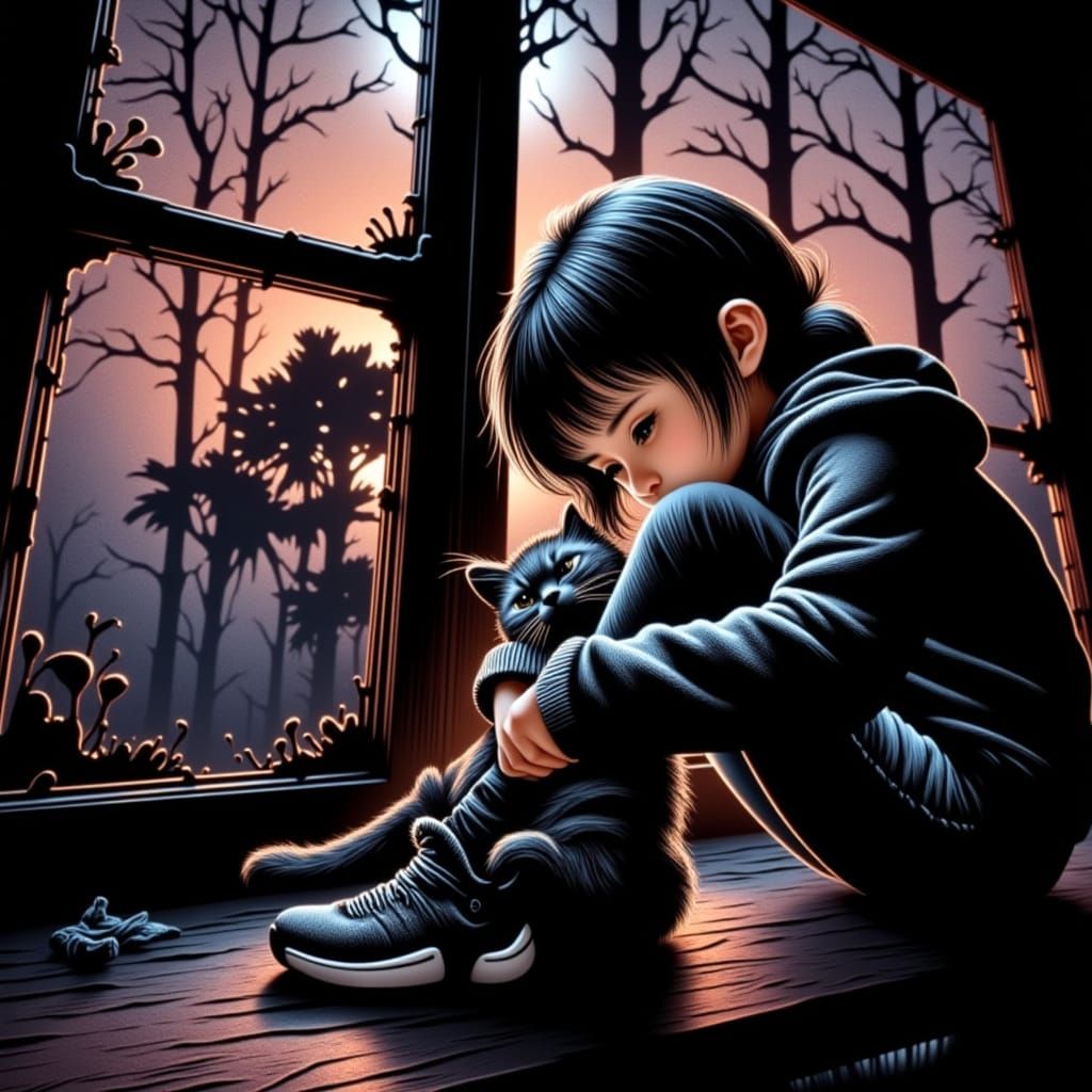 Girl and Kitten in Backlit Window Reflection