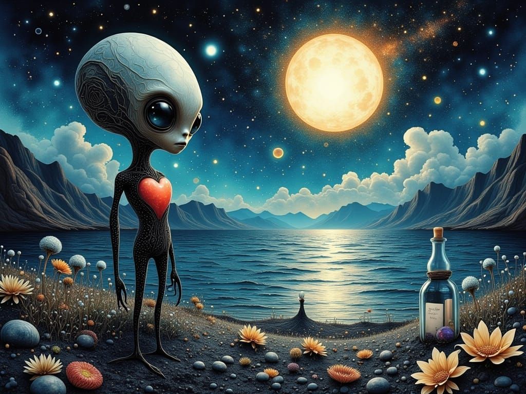 Alien Sending Message in a Bottle on Black Sand Beach