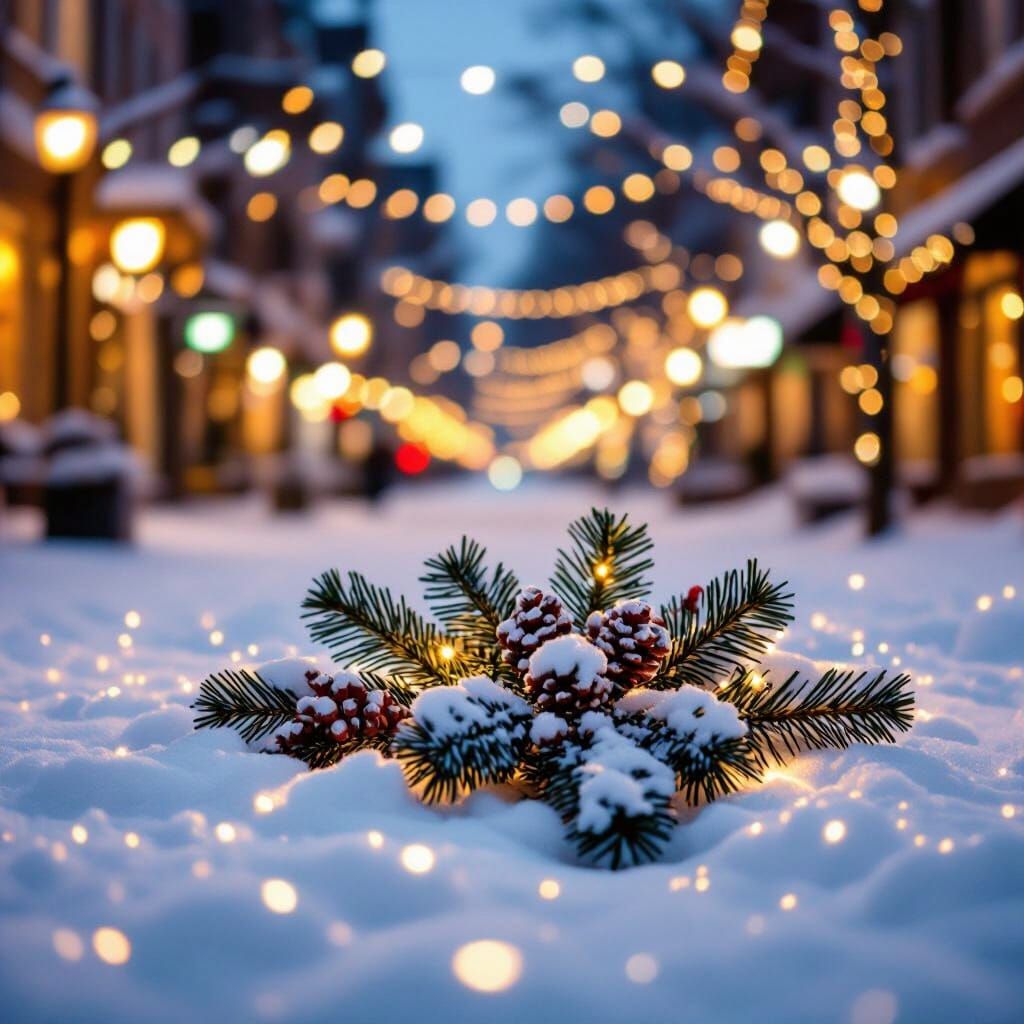 Snowy Christmas City Aglow with Festive Lights