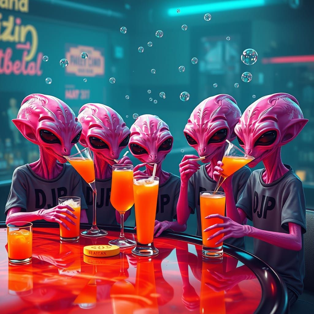 Surreal Pink Aliens Gather at a Futuristic Martian Bar