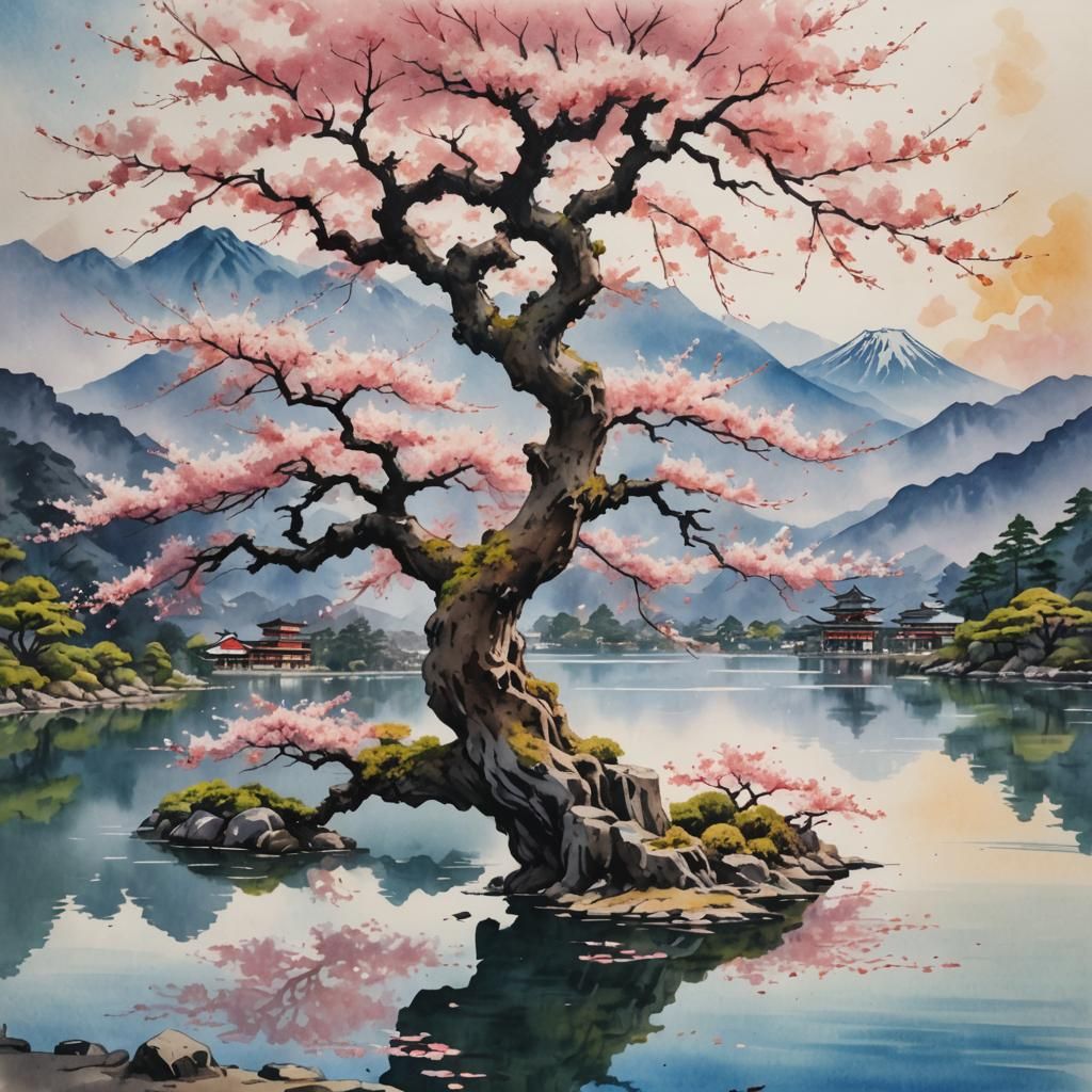 Ancient Sakura Tree Watercolor Painting