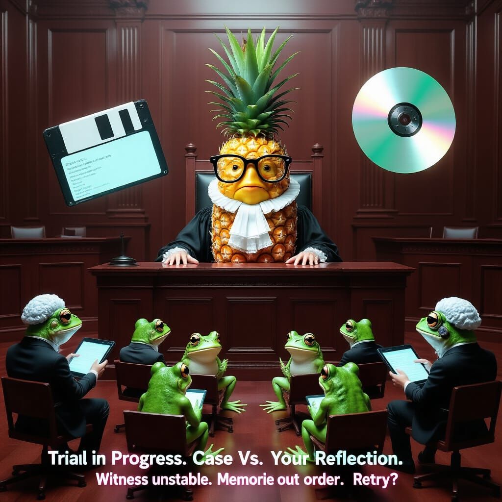 Surreal Glass Courtroom with Pineapple Judge