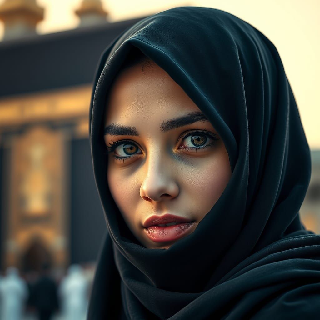 Muslim Woman Before Kaaba in Ultra-Realistic HDR Style