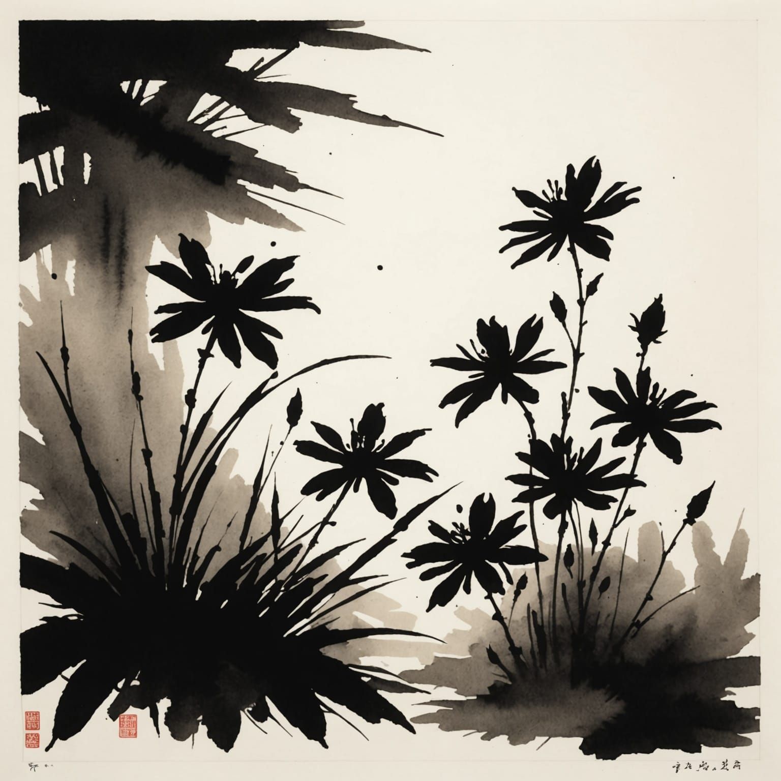 Ethereal Sumi-e Sketch of Blooming Flowers