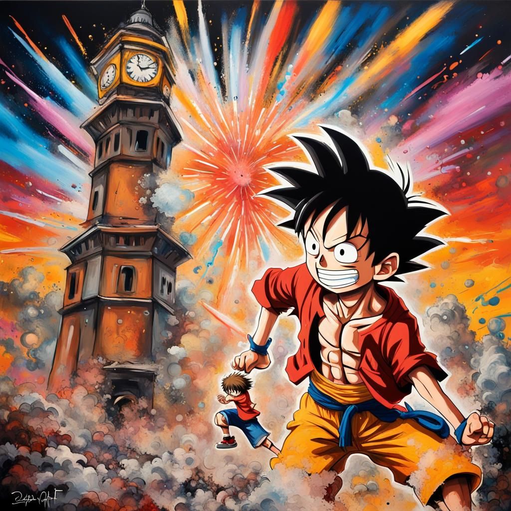 Luffy and Goku Clash in Graffiti Art