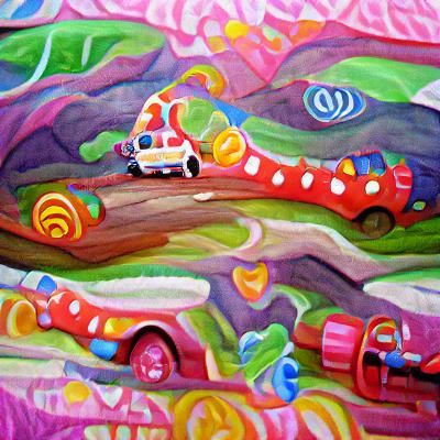 Broken Down Car in Candyland Gouache Style