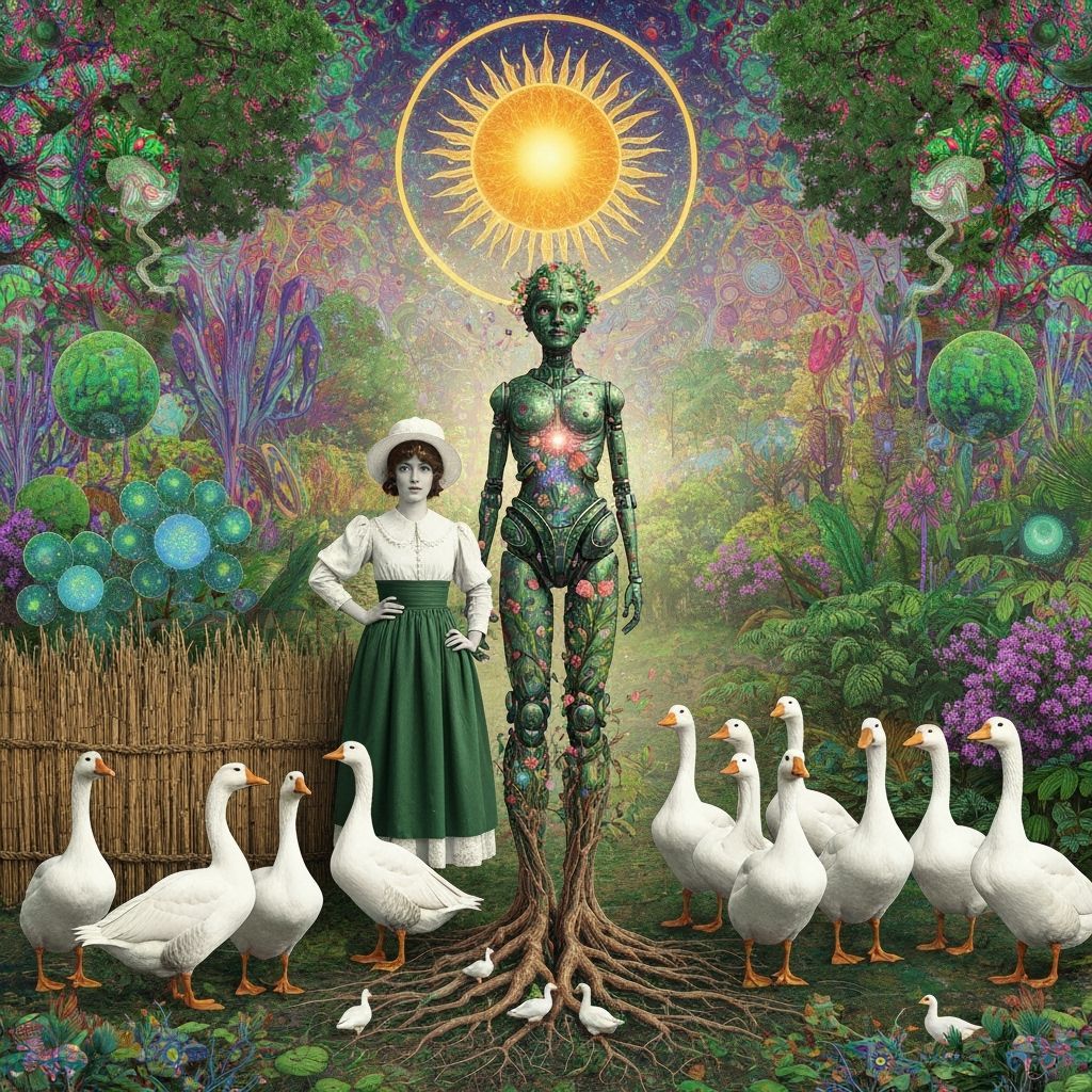 1920s Folkloric Robot and Geese in Surreal Eco-Art Garden