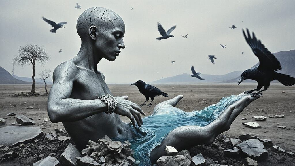 Surreal Figure in Grey Oasis With Neon Mirage