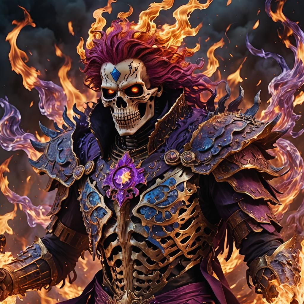 Flaming Skeleton Hero in Swirling Inferno