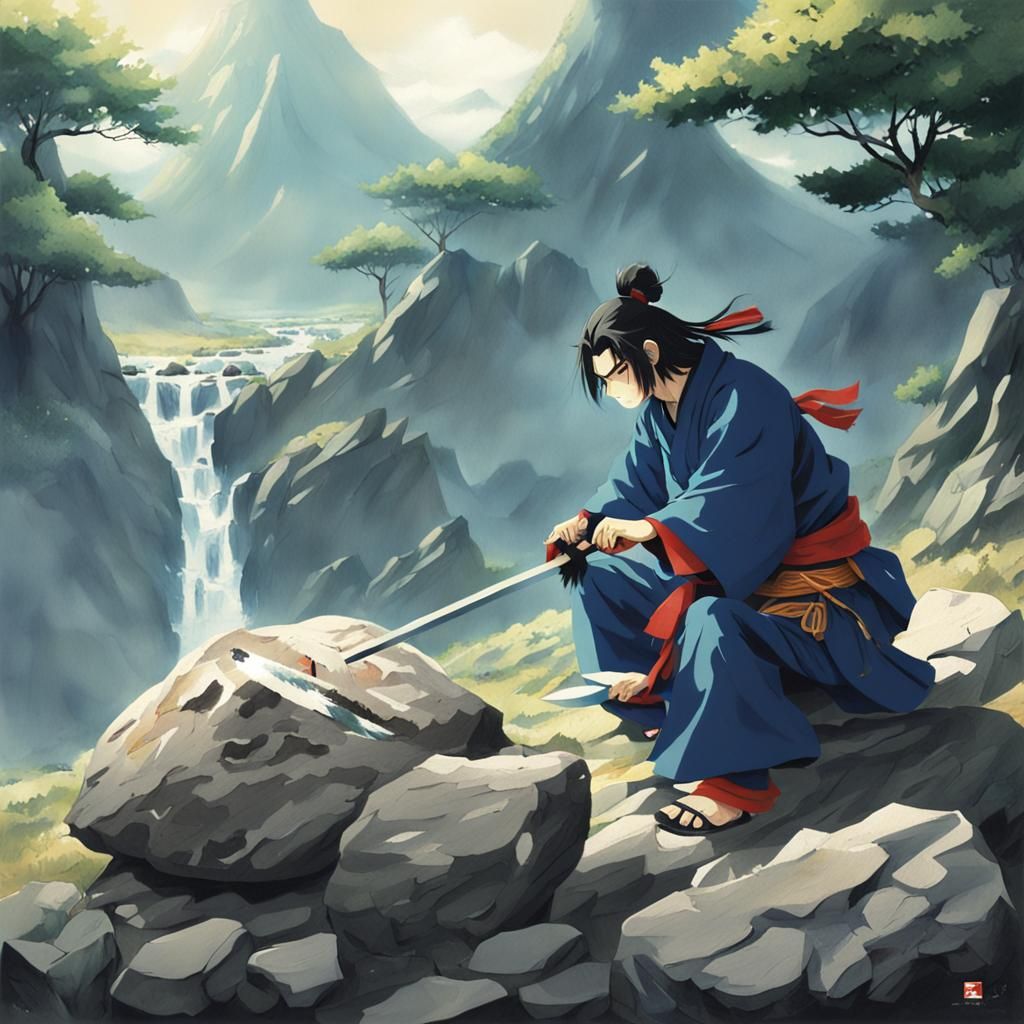 Samurai Cuts Rock in Anime Style