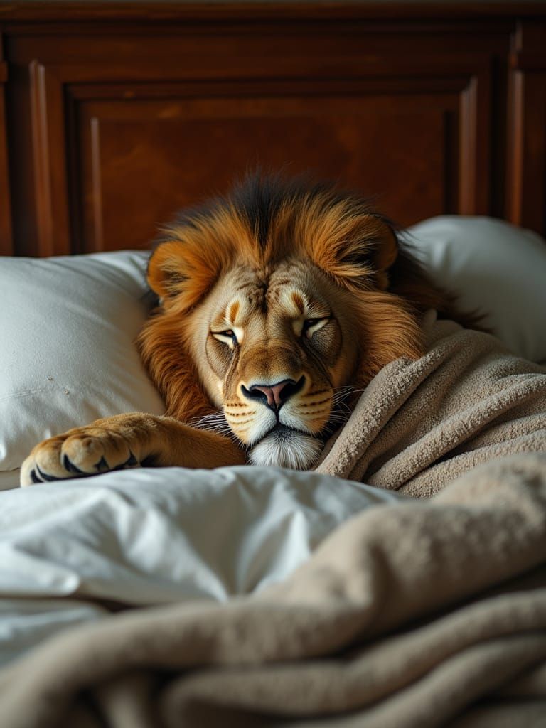 Lion Napping Soundly in King-Sized Bed