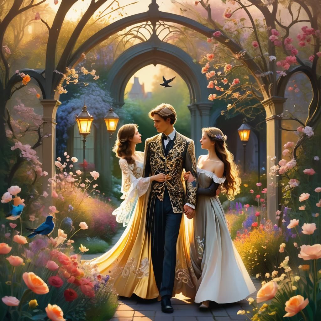 Romantic Couple in Fantasy Garden: Gothic Art Nouveau