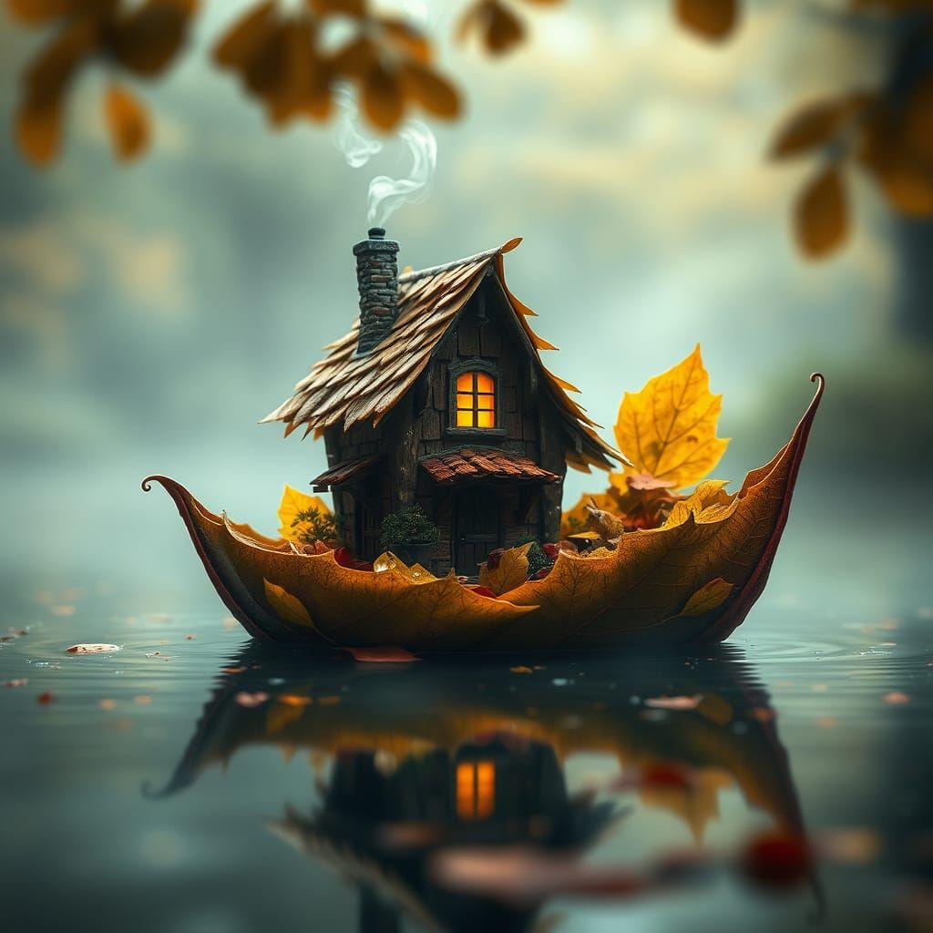 Leaf Boat Cottage on Misty Lake, Digital Art