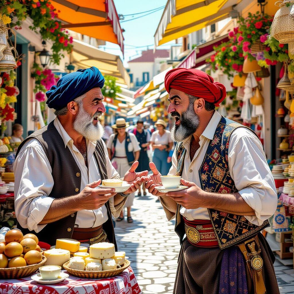 Comical Cypriots Dispute Over Food, Cartoon Style