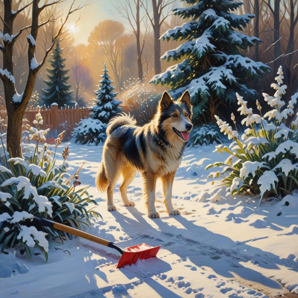 Shaggy Yard Dog Wields Snow Shovel in Winter Garden