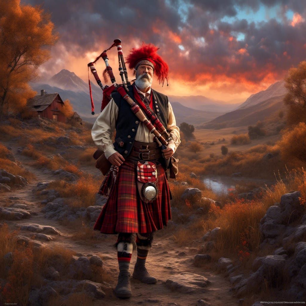Scottish Bagpiper in Red Kilt at Sunset