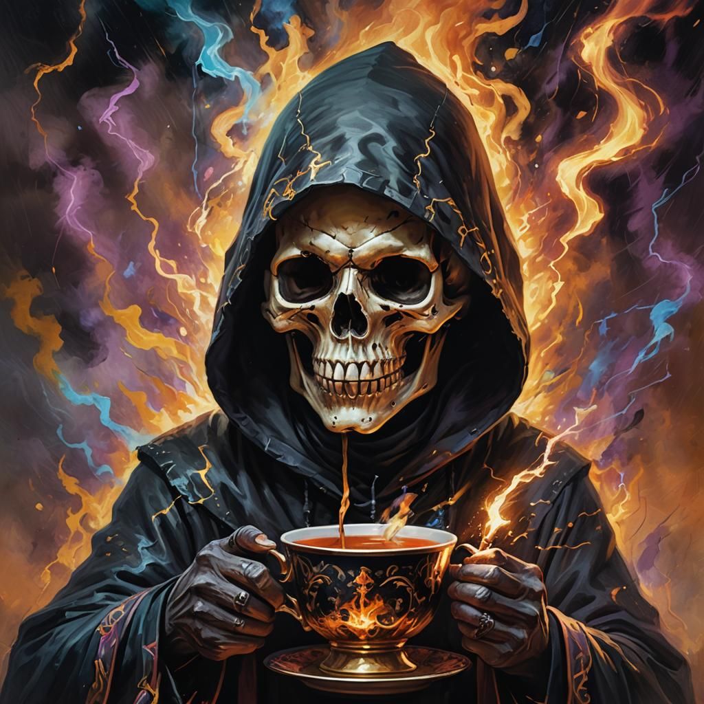 Skull Wizard Conjuring Lightning in a Teacup