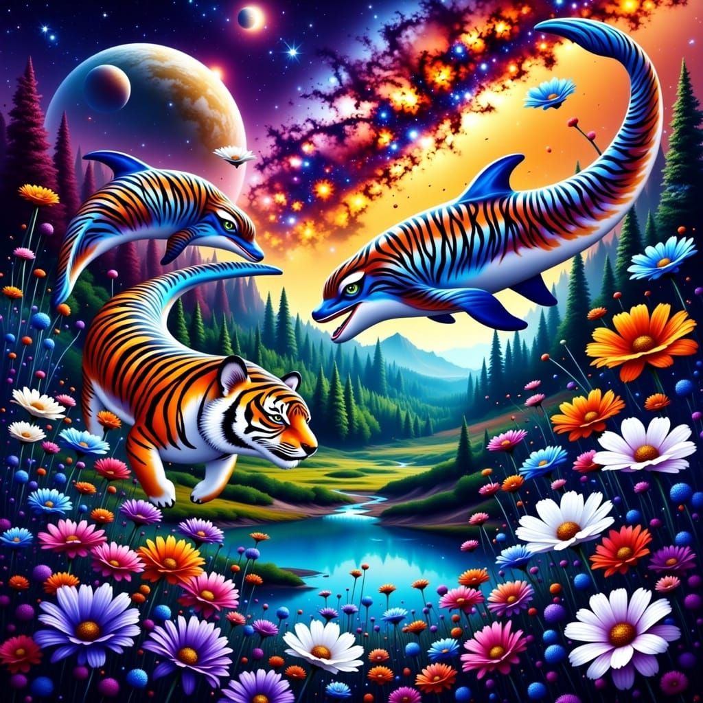 Tiger Striped Dolphins in Graffiti Splash Art